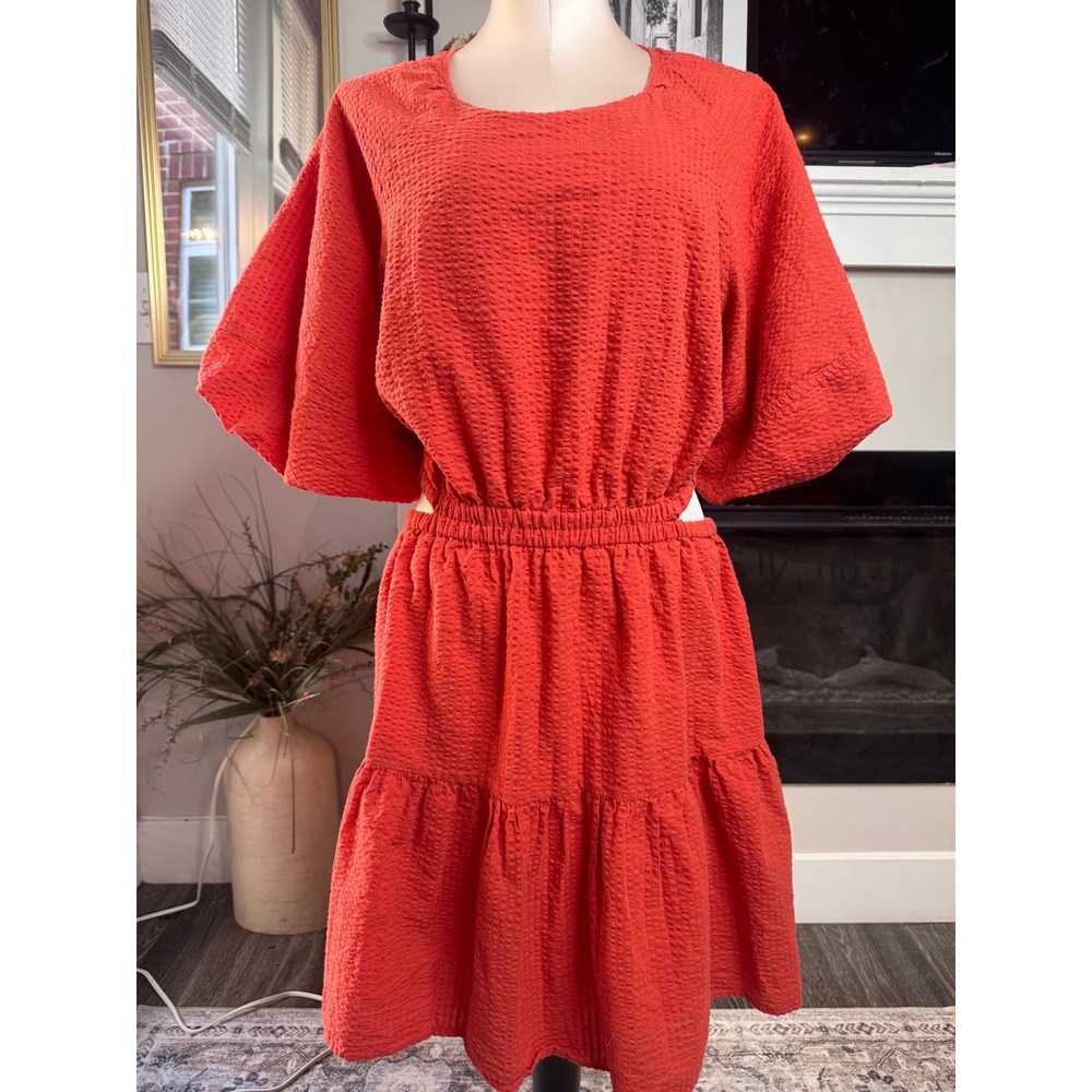 Madewell Red Textured Cutout Tiered Midi Dress Button Back XL